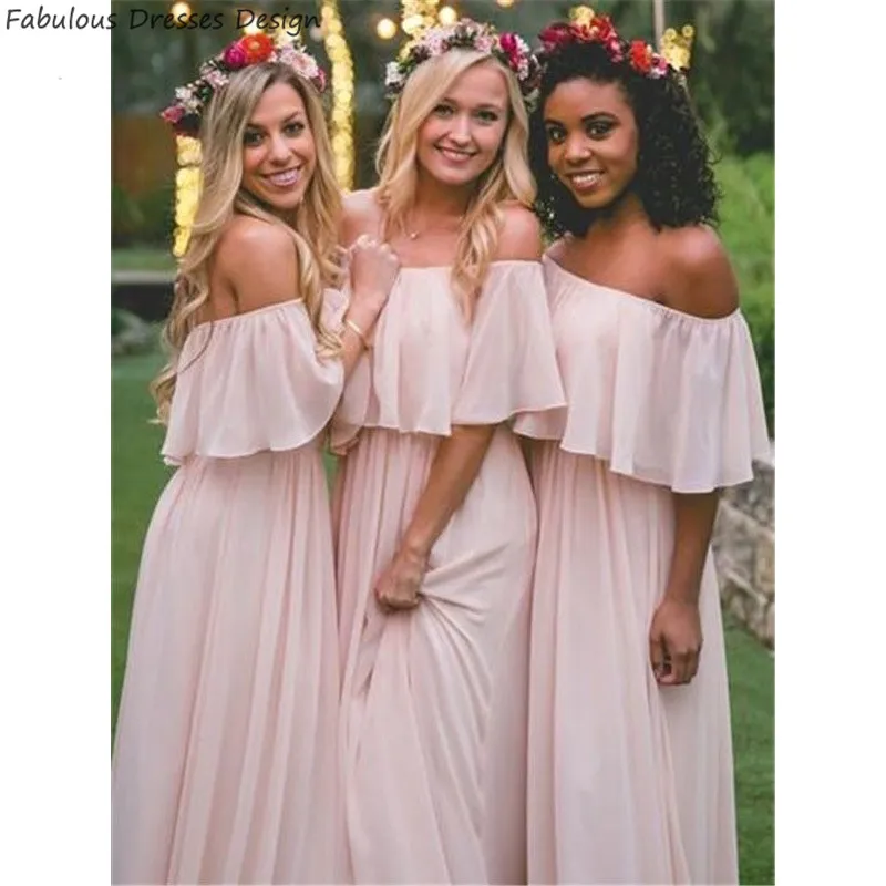 

Pink Strapless A Line Bridesmaid Dresses Elegant Chiffon Boat Neck Long Vestido De Festa 2020 Wedding Guest Gowns