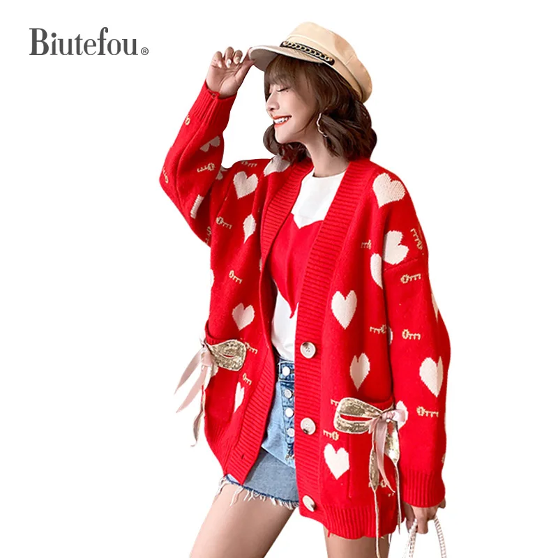 

2019 Autumn and winter cardigan women sequins patch designs knitted top bow sweaters