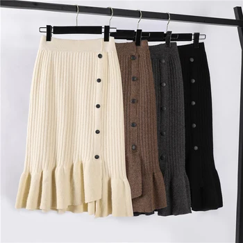 

New Winter Women Knitted Skirt Knee-Length Empire Button Sweet Vintage Skirts Ladies Trumpet Solid Casual Korean Skirt