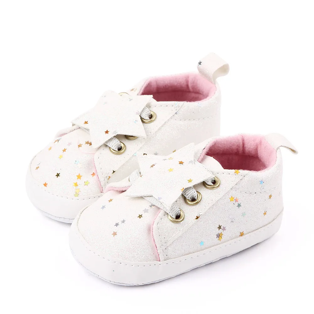Весна и осень новые звезды с блестками детские туфли принцессы детская обувь на мягкой подошве для детей, еще не начавших ходить; нескользящая обувь для малышей; обувь для младенцев 2288 - Цвет: White