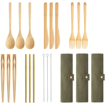 

3Set Bamboo Cutlery Set, Reusable Bamboo Utensil Include Knife, Fork, Spoon, Chopsticks, Reusable Straw for Travel Picnic Office