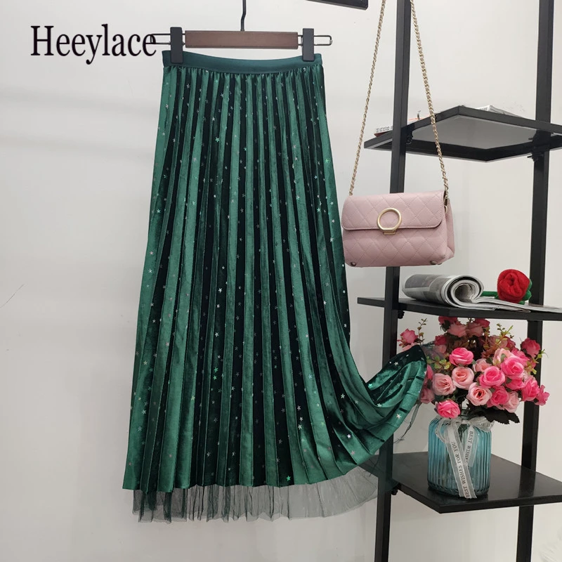 Осень-зима, женские макси юбки, бархатные плиссированные юбки с сеткой, Лоскутная Женская юбка с высокой талией, эластичные длинные юбки