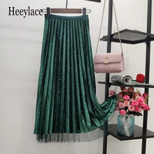 Осень-зима, женские макси юбки, бархатные плиссированные юбки с сеткой, Лоскутная Женская юбка с высокой талией, эластичные длинные юбки