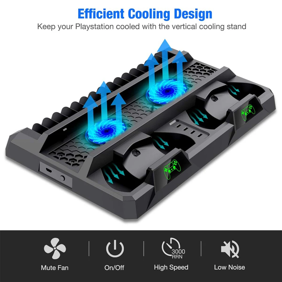  PS4 Pro Slim Console Stand Cooling Fan Controller Charger Charging Dock Games CD Storage Play Stati