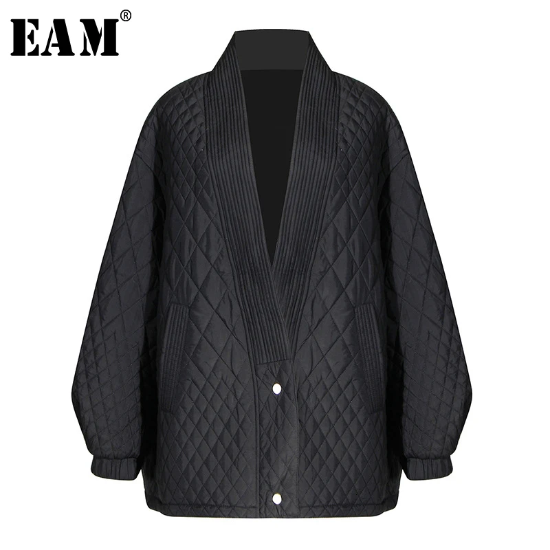 

[EAM] Loose Fit Black Big Size Down Jacket New V-collar Long Lantern Sleeve Warm Women Parkas Fashion Autumn Winter 2020 1N019