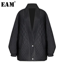 [EAM] Loose Fit שחור גדול גודל למטה מעיל חדש V-צווארון ארוך שרוול פנס חם נשים מעיילי אופנה סתיו חורף 2020 1N019(China)