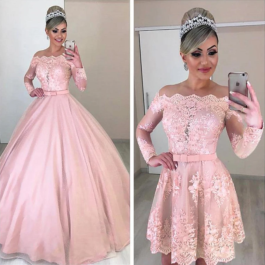 Unique Tulle Off-the-shoulder Neckline 2 In 1 Wedding Dresses Long Sleeves & Bowknot & Detachable Skirt Pink Bridal Dress (1)
