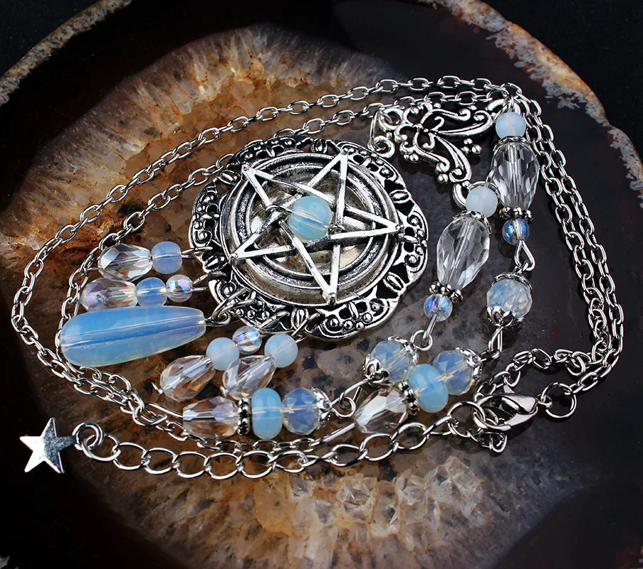 Gothic Pentagram Start Necklace Women Crystal Beads Long Pendant Chain Necklace Initial Statement Necklace Trendy Jewelry
