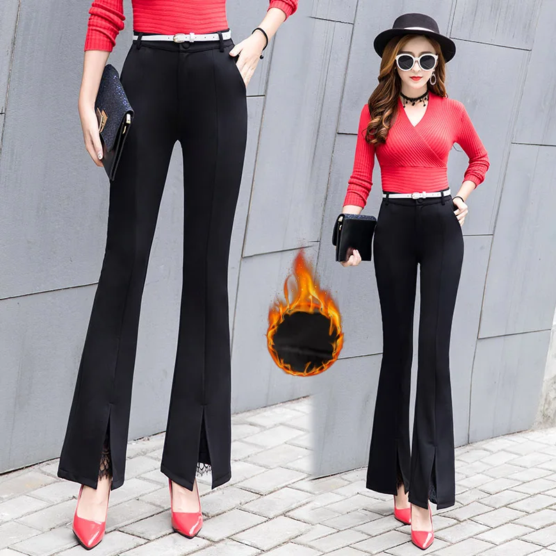 

2019 winter plus velvet thickening new lace stitching split flared pants trousers nine points pants women's belt