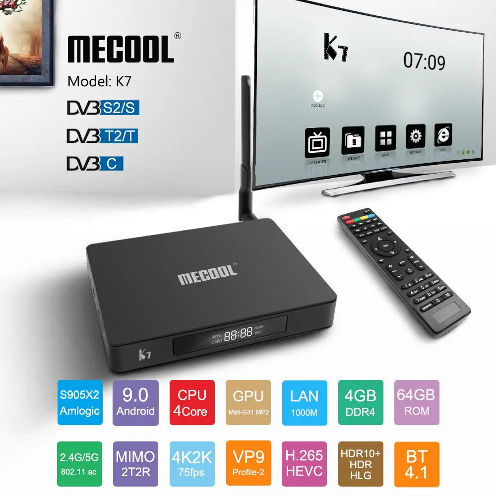 

Mecool K7 Smart TV Box Android 9.0 DVB-T2/S2/C Amlogic S905X2 Quad Core 4GB DDR4 64GB 4K 2.4G 5G WIFI 1000Mbps VS K6 Set top Box