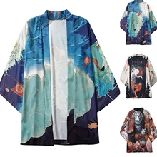 Nova chegada camisa masculina summr casual solto frente aberta 3/4 manga estilo japonês impressão cobrir cardigan de hombre