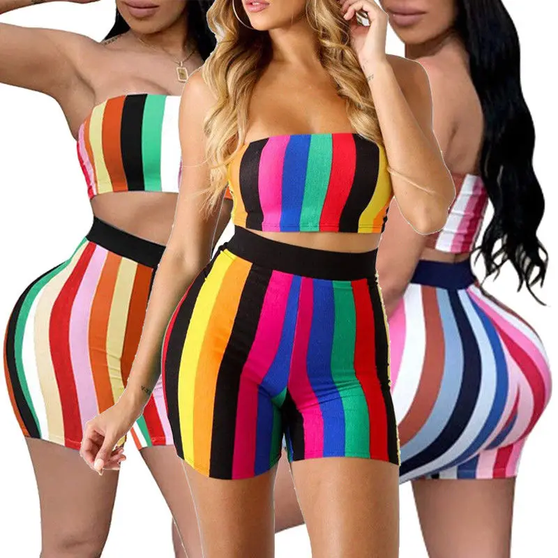 Fashion Womens Summer Clothes Sets Sexy 2 Piece Outfits Bodycon Stripe Print Strapless Tube Crop Tops and High Waist Shorts womens loungewear
