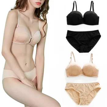 

Women Lace Bra Briefs Set Lace Thickened Cup Solid Color Bra Without Underwire Gathering Adjustment Bra + Panties Two-piece Set