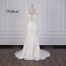 Реальное изображение Wellbirth Vestido de novia Милая tull спинки Русалка свадебное платье Кепки рукавом свадебное платье CL005