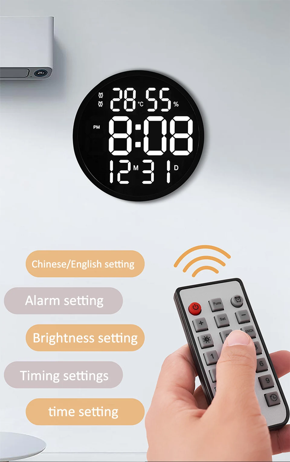 12 Inch LED Large Number Luminous Wall Clock Digital Temperature And Humidity Calendar Electronic Alarm Clock Home Decoration