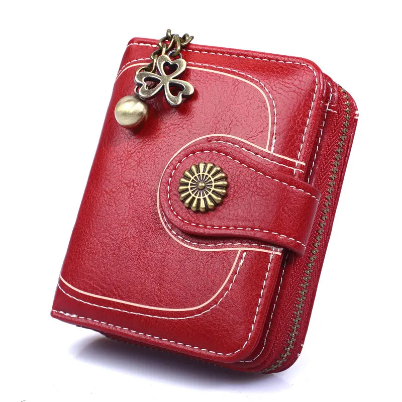 Новые женские Короткие Двойные кошельки с карманом на молнии из искусственной кожи роскошные дизайнерские винтажные женские кошельки - Цвет: Красный