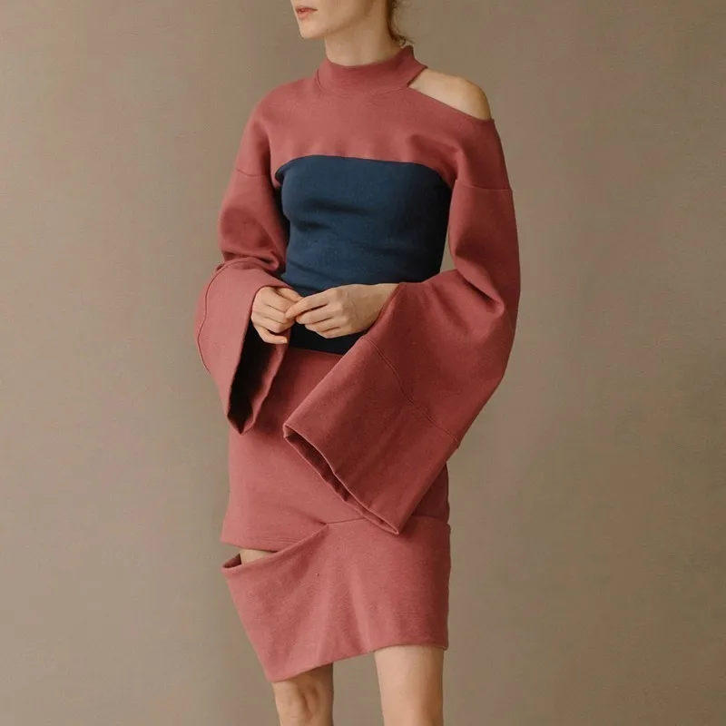

LANMREM 2020 women New Pattern Hit Color patchwork high waist hollow out dress Fashion spring autumn clothes TA99903