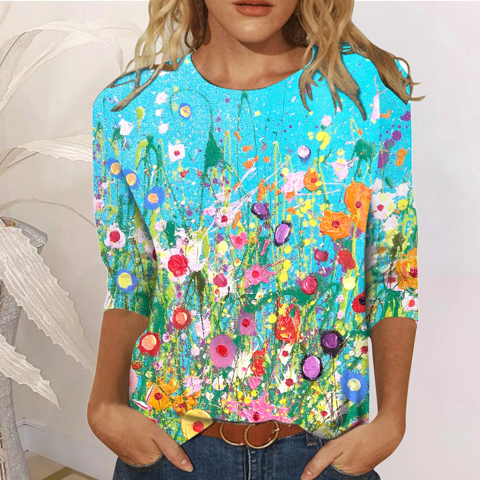 Retro Women's Floral Printed T Shirts Autumn Ladies Casual Mid-length Sleeves T Shirts Femme Crew-neck Tee Shirts Femme Tops New 1