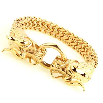 

Men's Punk Double Dragon Head Herringbone Chain Bracelet for Men Braslet Stainless Steel Gold Tone Hip Hop Male Jewelry 22cm