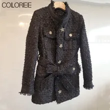 Designer Mode Einreiher Medium Lange Jacken für Frauen 2021 Koreanische Elegante Tweed Schwarz Cosaco Oberbekleidung Onkogene Kleidung
