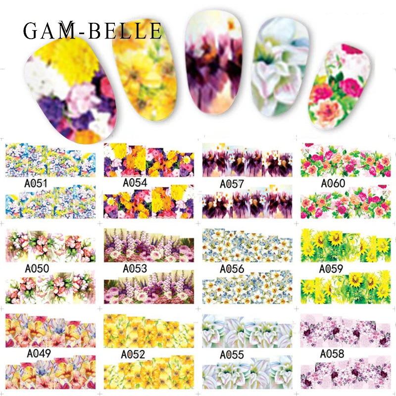 

GAM-BELLE 12pcs Hot Water Transfer Designed Nail Sticker Blossom Flower Colorful Full Tips Stamp Decals Nail Art Beauty