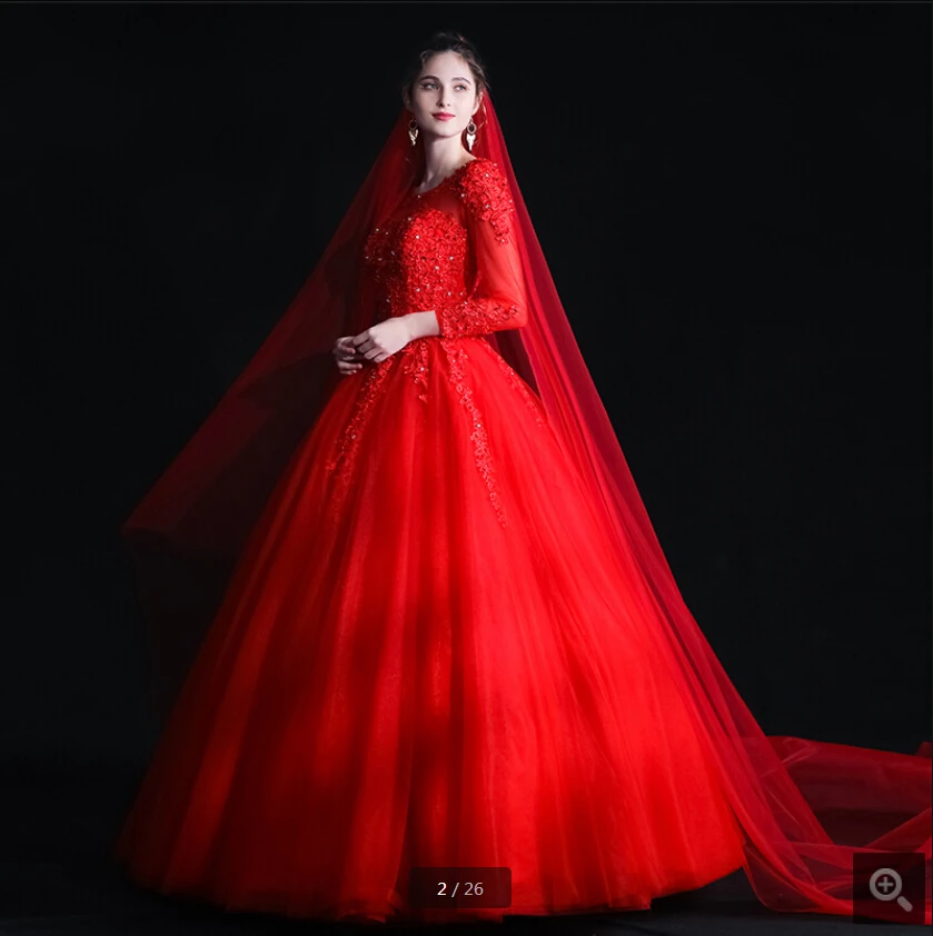 

Robe de mariage 2020 red lace appliques ball gown prom dress long sleeve beaded sequins sheer back real picture prom gowns