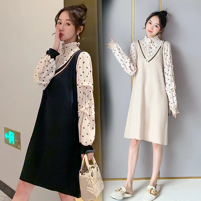 

Pregnant Women Autumn Clothing 2019 Fashion Polka Dot Pregnant Women Sweater Knit Core-Spun Yarn Korean-style Loose-Fit Mid-leng