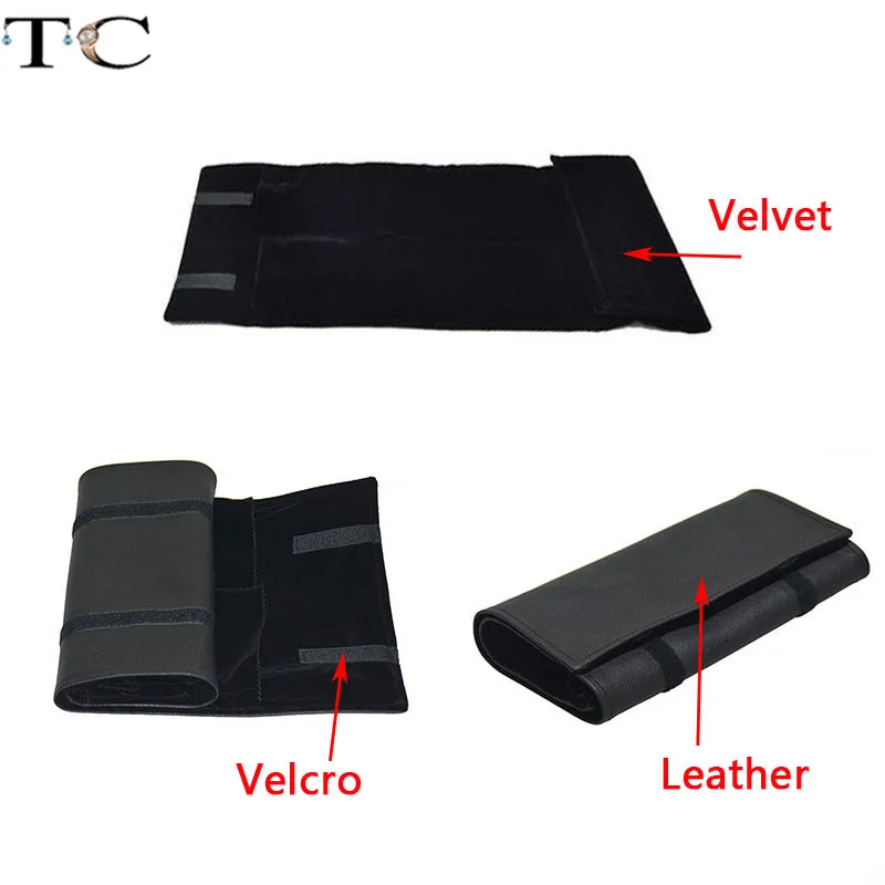 Jewelry Storage Bag Necklace Roll Organizer Bag Ring Earring Velvet Carrying Black Leather Display Holder Jewelry Packaging