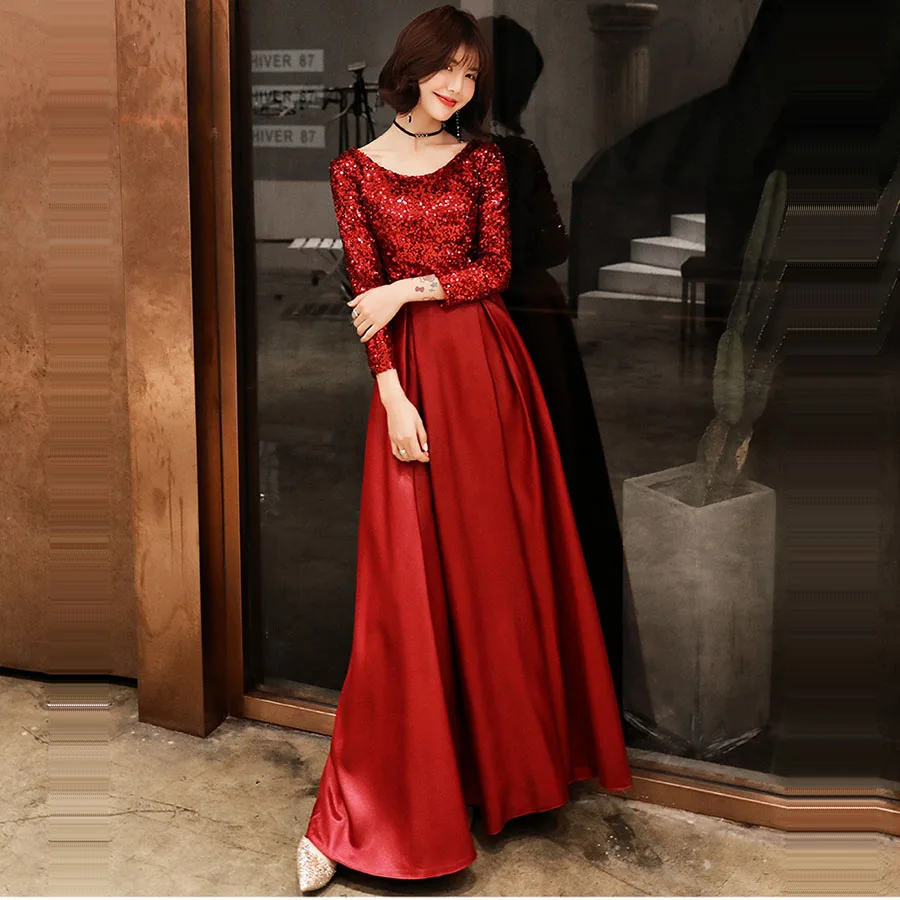 

Evening Dress Shining Little Sequins Design Evening Dresses E138 O-neck Lace Up Robe De Soiree 2019 New Floor Length Party Gowns