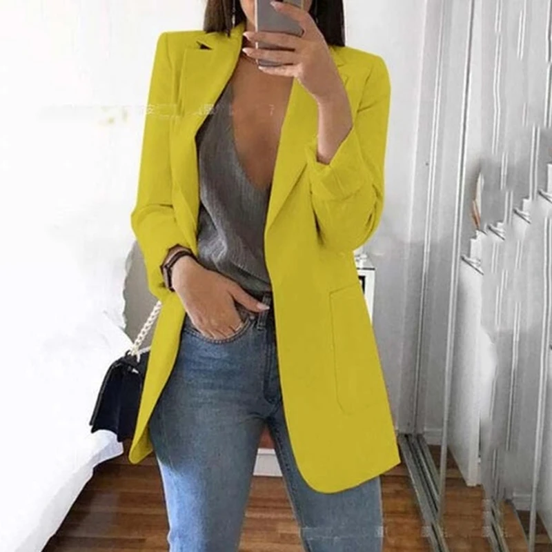 Finest Women's Casual Mid Coat Lapel Slim Cardigan Outdoor Work Suit Jackets Open Front Coat Cloak Jackets