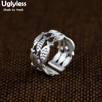 

Uglyless Handmade Fishes Wide Hollow Rings for Women Solid 925 Sterling Silver Fish Animals Open Rings Thai Silver Jewelry R1054