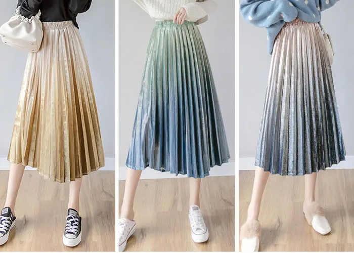 2019 осенне-зимняя бархатная юбка градиентного цвета золотистого цвета, Женская длинная Плиссированная юбка с высокой талией, Универсальные