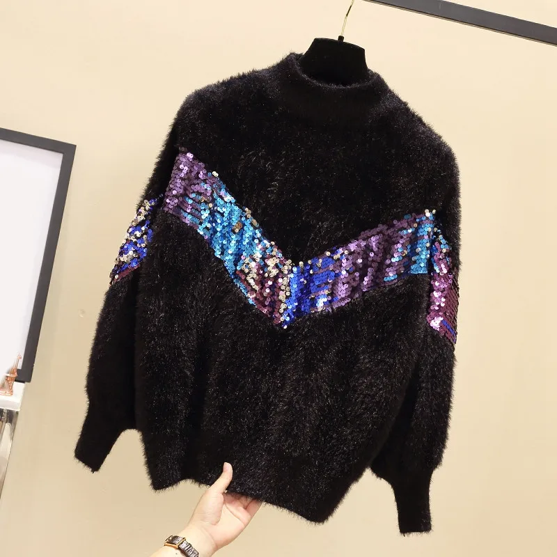 RICININA, зимний женский свитер, кашемировый вязаный джемпер, Весенняя водолазка, пэчворк, с блестками, Рождественский свитер для женщин, элегантный - Цвет: Black Sweater Women