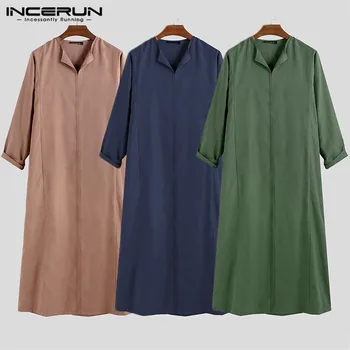 

INCERUN Men Jubba Thobe Muslim Islamic Kaftan Solid Color Long Sleeve Robes V Neck Middle East Saudi Arabia Abaya Men Clothing