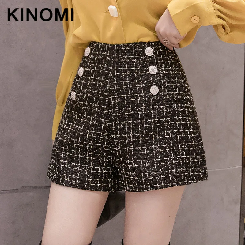 KINOMI Осень Зима шерстяные женские короткие двубортные Высокая талия широкие ноги короткие черные винтажные свободные короткие женские Новое поступление