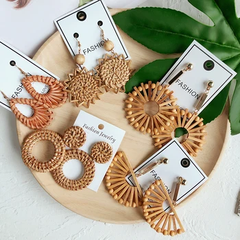 

Lifefontier Bohemian Bamboo Rattan Knit Earrings Handmade Wood Vine Weave Round Water Drop Fan Shaped Long Earrings Jewelry Gift