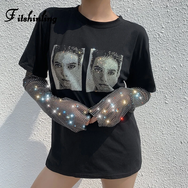 Fitshinling Стразы модная Готическая Футболка женская одежда Harajuku поддельные две части Топы Осень Зима гранж женская футболка