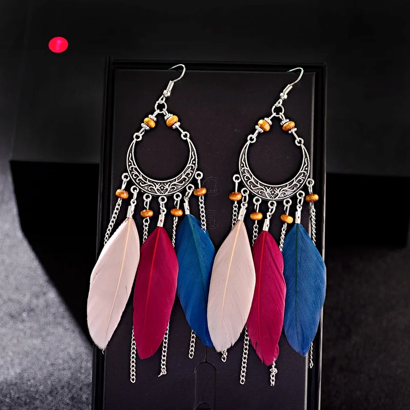 

Fashion Women‘s ’Bohemian Feather Tassel Drop Dangle Earrings Summer Boho Silver Alloy Long Pendant Earring Pendientes