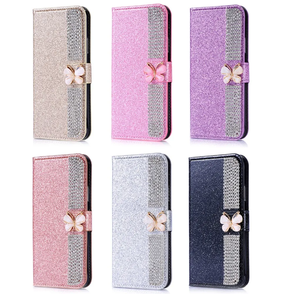 Rhinestone butterfly Shiny Wallet Flip Leather Cover For XiaoMi Redmi Note 9 8 7 Pro Note 9 Pro Max Note 9S Redmi 9A Poco X3 NFC