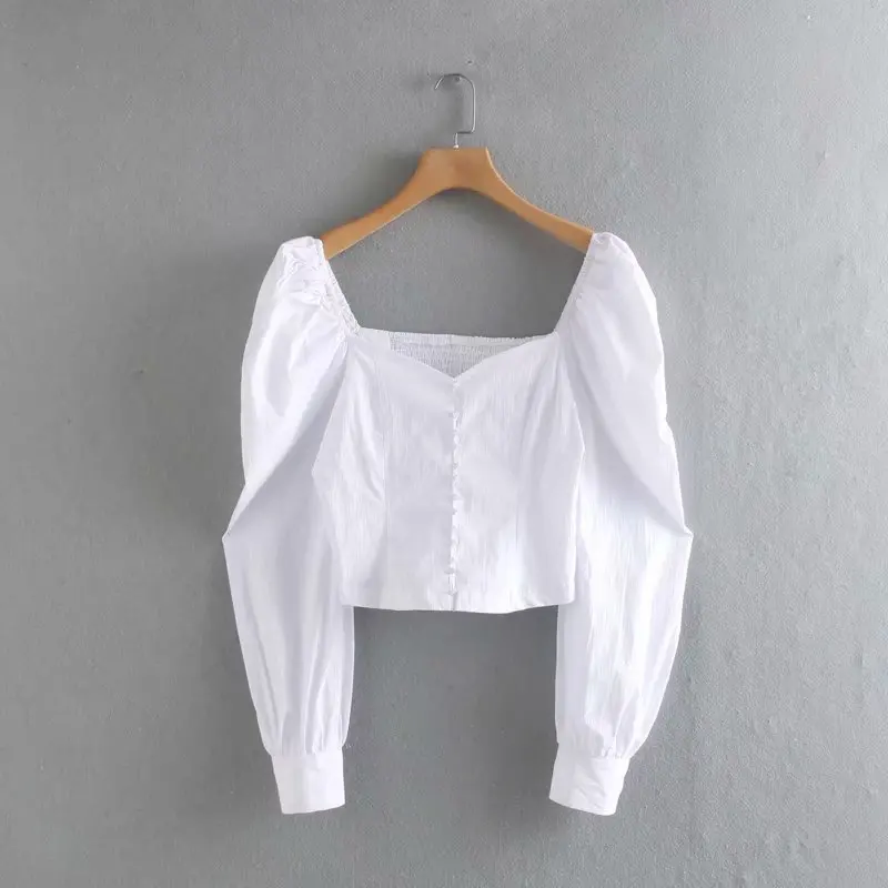Модная Женская эластичная рубашка с квадратным воротником белого цвета Осенняя женская блузка с пышными рукавами для отдыха тонкие Топы S6251 - Цвет: as pic