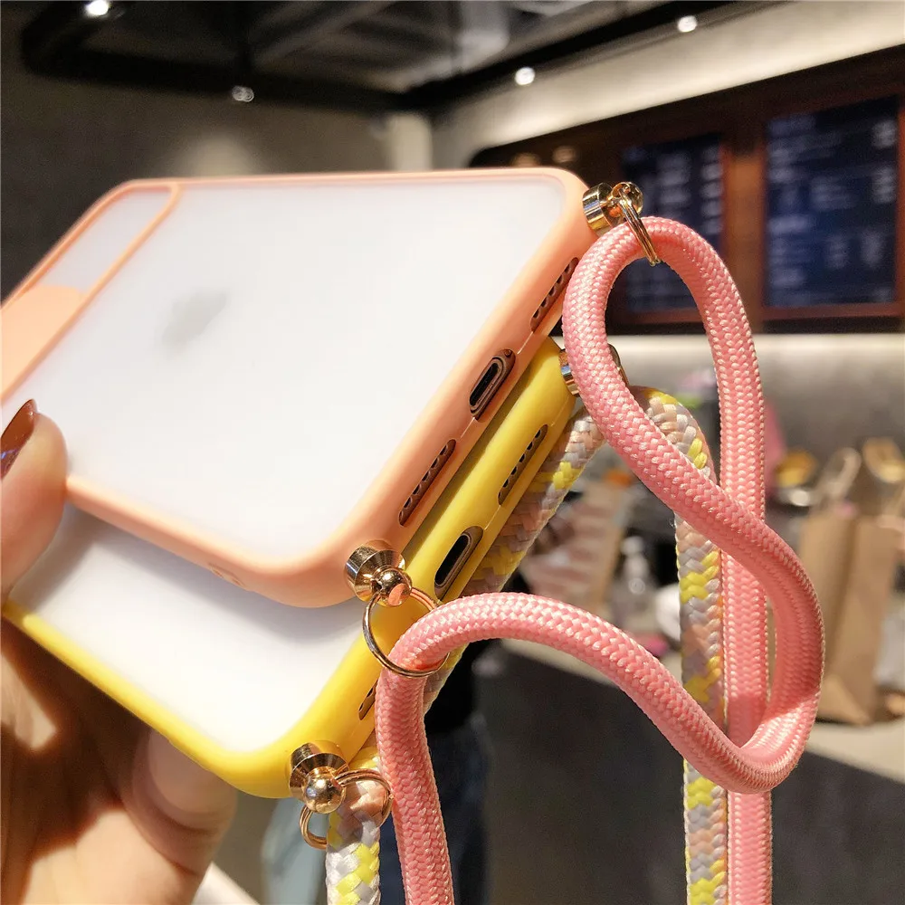 Camera Lens Protection Candy Color Phone Case  For iPhone 13 12 11 Pro X XR XS Max SE2 7 8 Plus Necklace With Rope Lanyard Cover best iphone se case