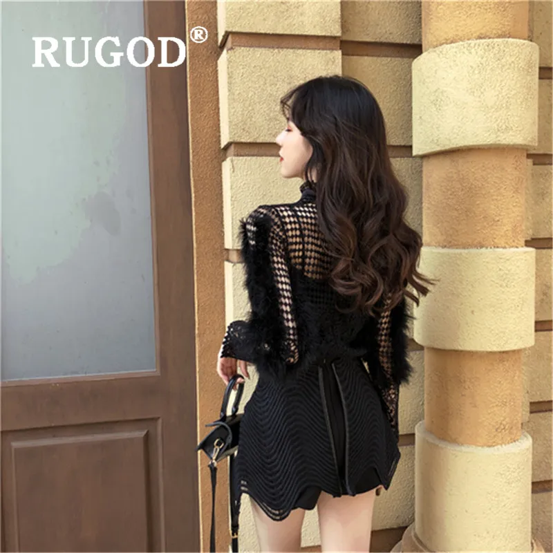 RUGOD, шикарные, сексуальные, открытые, кружевные, с перьями, элегантные топы, женские, нестандартные кюлоты, Kpop одежда, мода