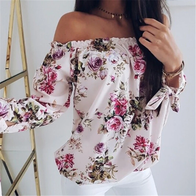 Spring Womens Floral Off Shoulder Tops New Ladies Sexy Large Size Pink White T-shirt Autumn Woman Floral 3/4 Sleeve T Shirts