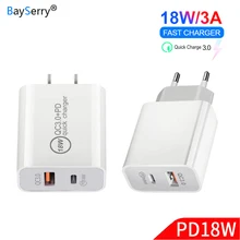 BaySerry 18 Вт type-C зарядное устройство для мобильного телефона PD/QC3.0+ 3A Dual USB быстрое зарядное устройство EU US переходник для samsung S10+ A40 A70 A80 S10e