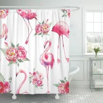 

Watercolor Flamingo and Flowers Hand Floral Bright Exotic Birds Shower Curtain Waterproof Fabric 60 x 72 Inches Set with Hooks