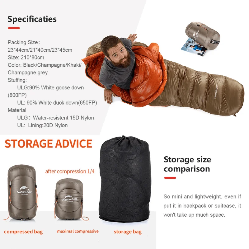 Naturehike спальный мешок для кемпинга утиный пух 20 ℃ зимний сохраняющий тепло типа