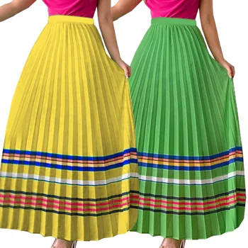 

2019 Fashion Long Pleated Skirt Women High Waist Vintage Print faldas largas mujer Casual Beach Long Pleated Skirt saia longa#C8