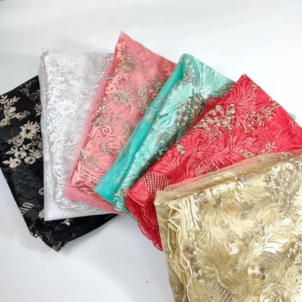 Latest African Laces Red Lace Embroidery Lace Fabric Mesh Lace Trim Bridal Lace With Beads For Dresses WHB8-5 02