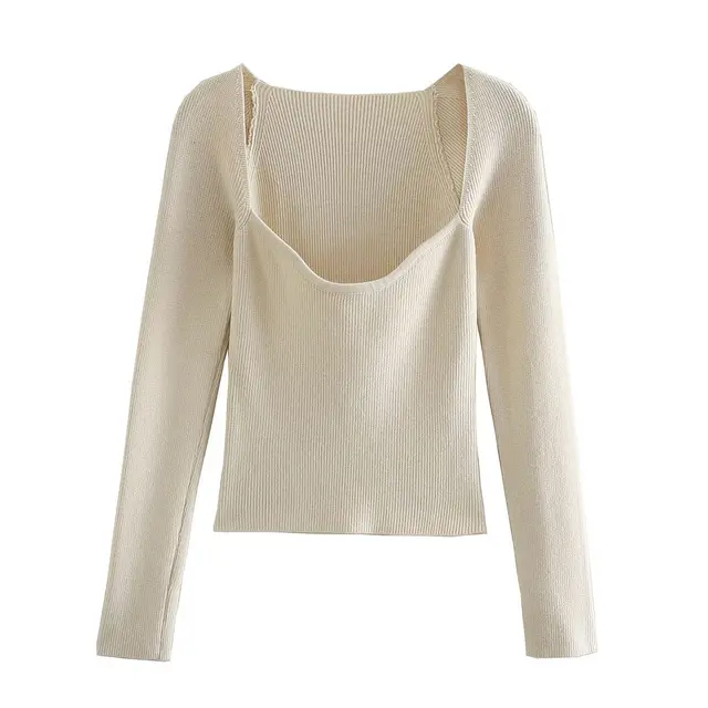 2021 New Women Knit Sweater Top Long sleeve heart-neck Casual Fashion Woman Slim-fit Tight Knitted sweaters Pullover Tops Beige