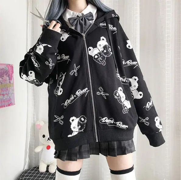 Gothic Coat Sweatshirt Women Fashion Spring 2021 Clothes Ins Preppy Kawaii Hoodies Long Sleeve Zip Up Hoodie Japanese Cute Tops